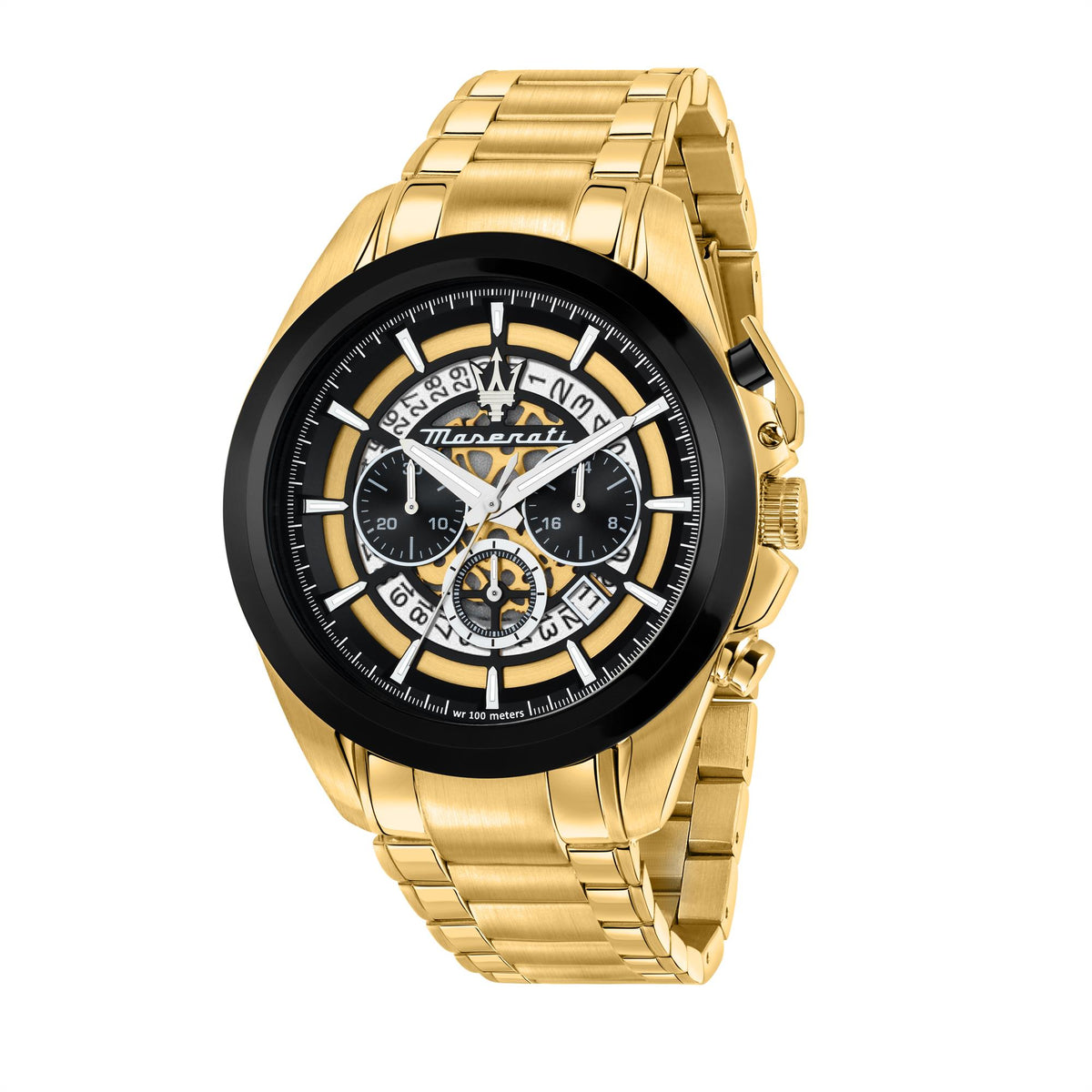 Men's gold-tone steel chronograph watch with black dial, three subdials, and bracelet