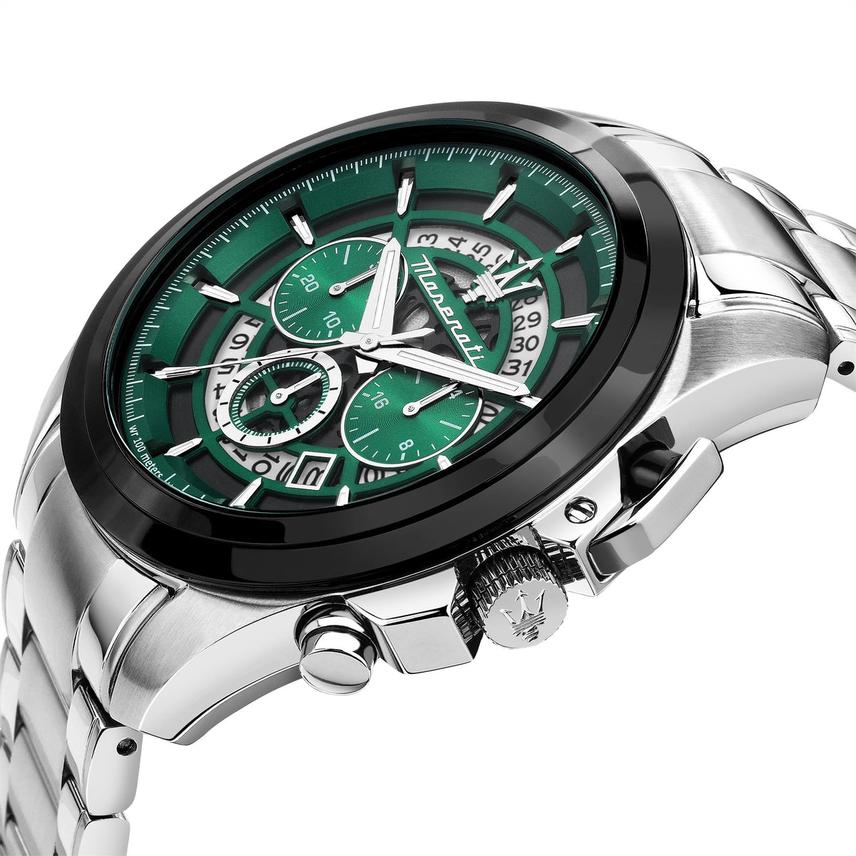 Men's chronograph watch close-up: green dial, black bezel, stainless steel case and crown