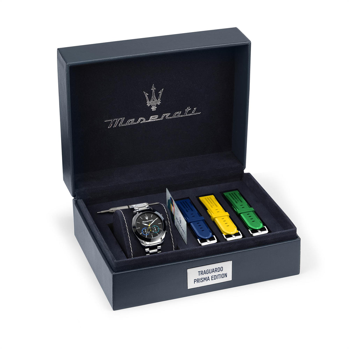 Men’s quartz chronograph watch set in box with blue, yellow, and green silicone straps