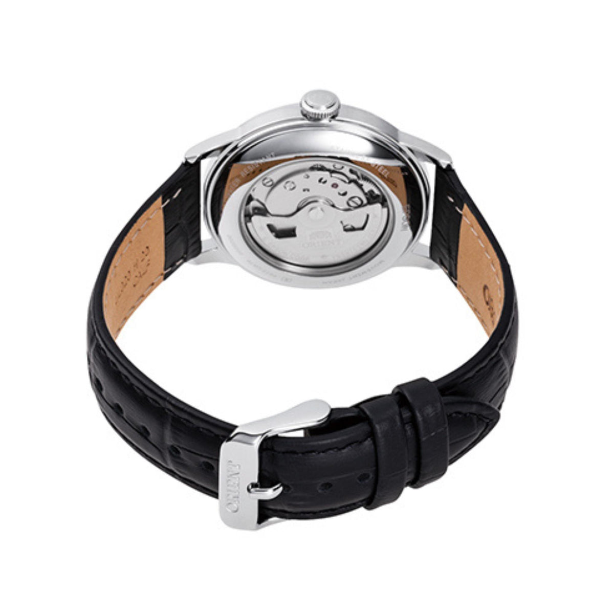 Automatic watch with black leather strap, metal buckle, and view of the case back
