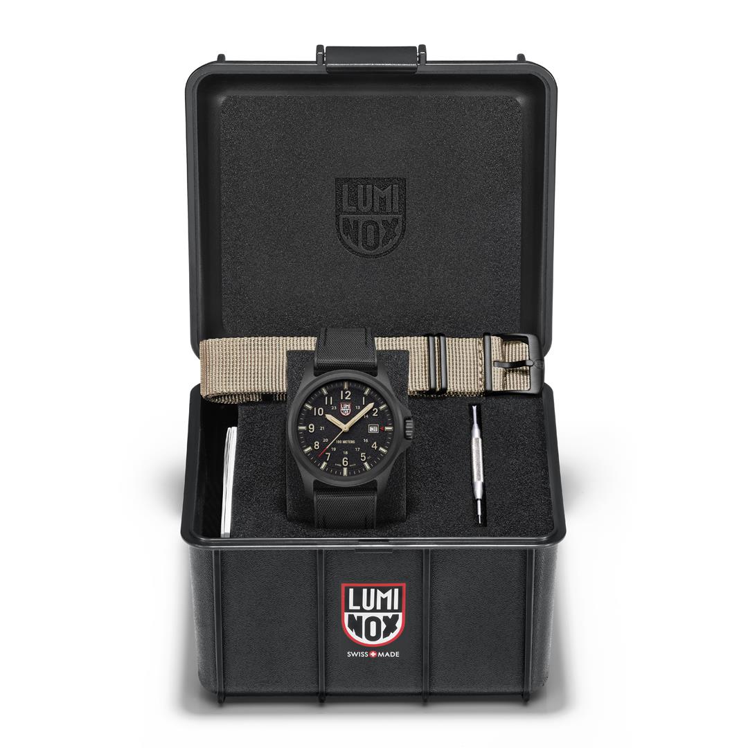 Luminox Atacama field watch in black case, black dial, rubber strap and beige webbing
