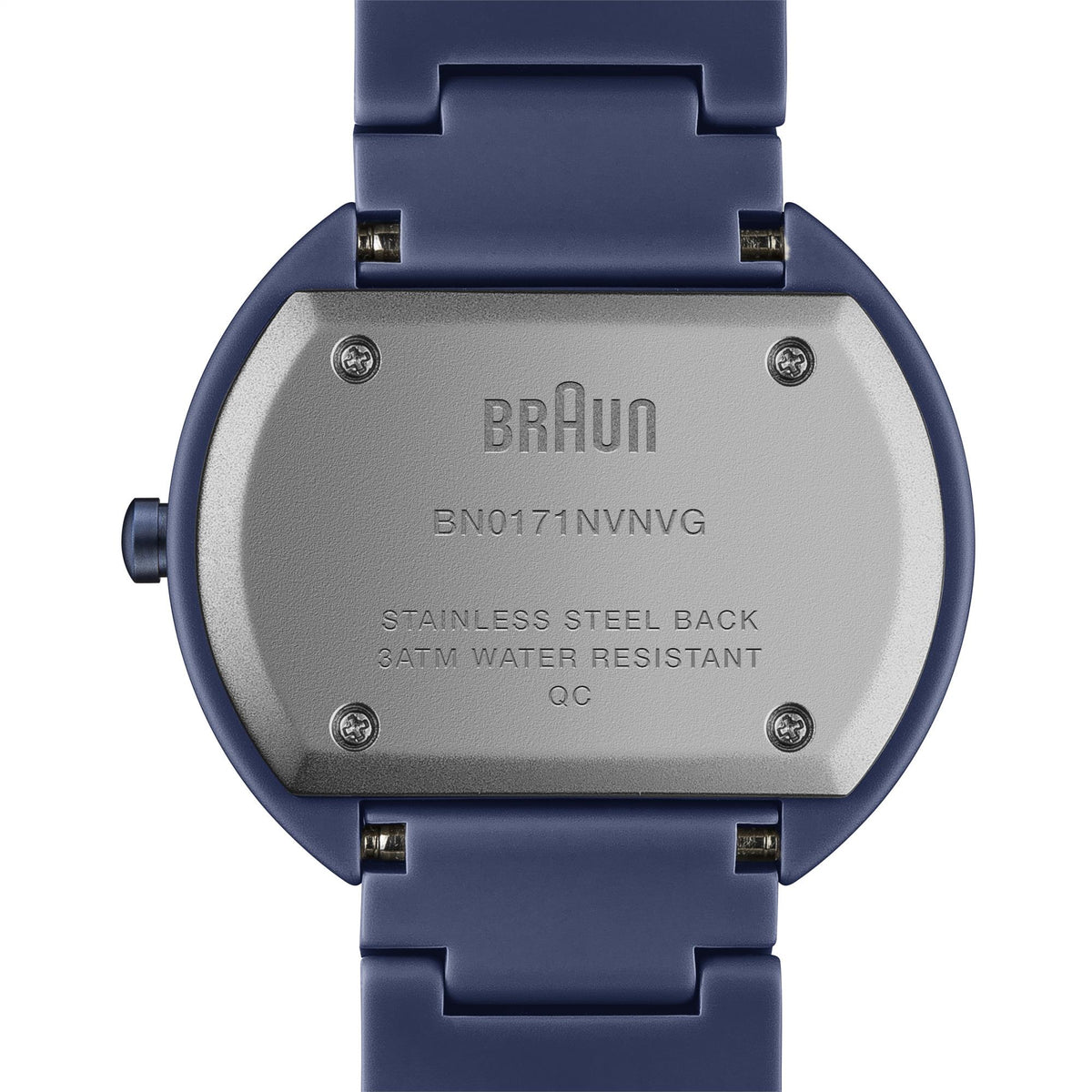 Braun Quartz watch with stainless steel case back on navy silicone strap