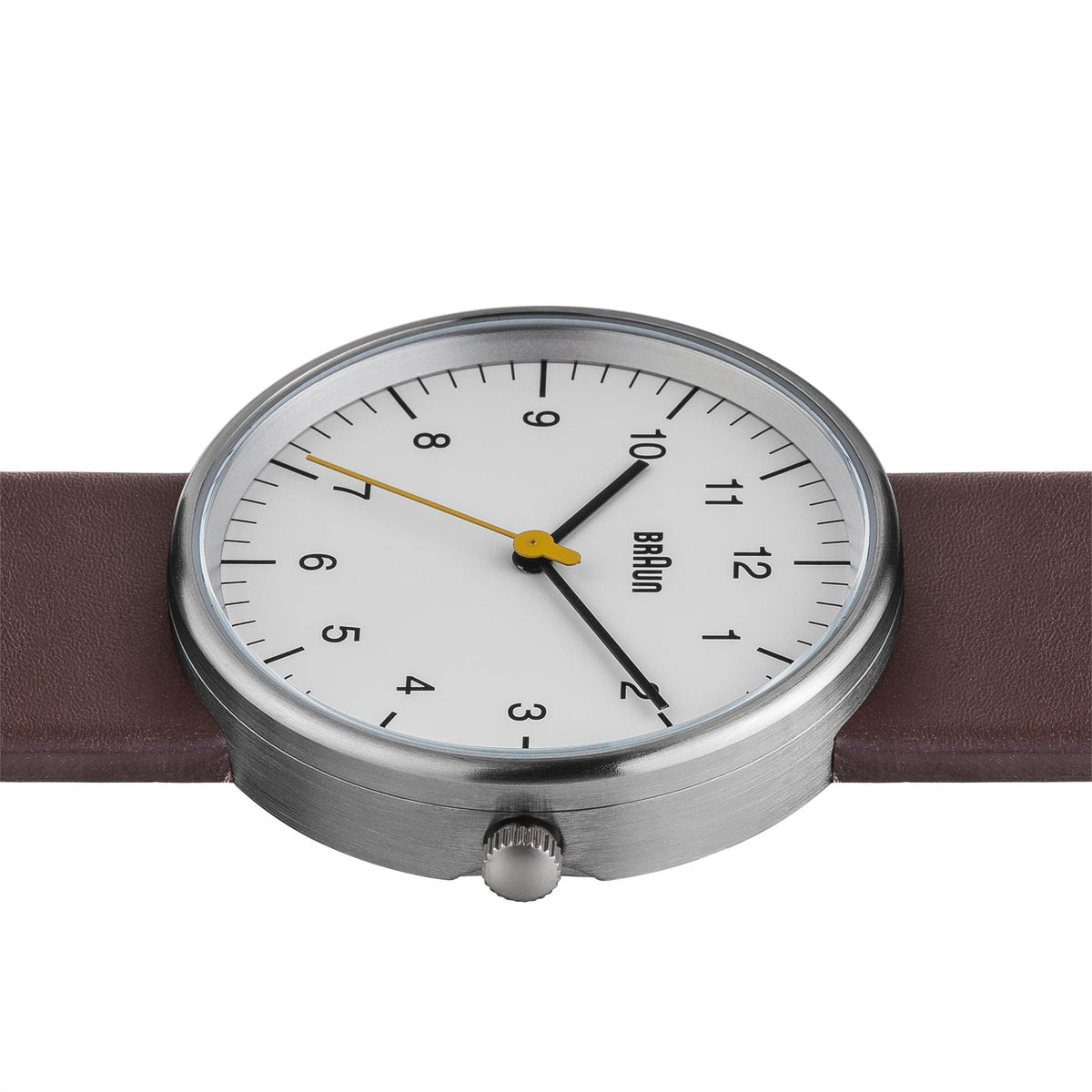 Braun Classic Quartz men's watch, white dial with black hands and gold accents, brown leather strap