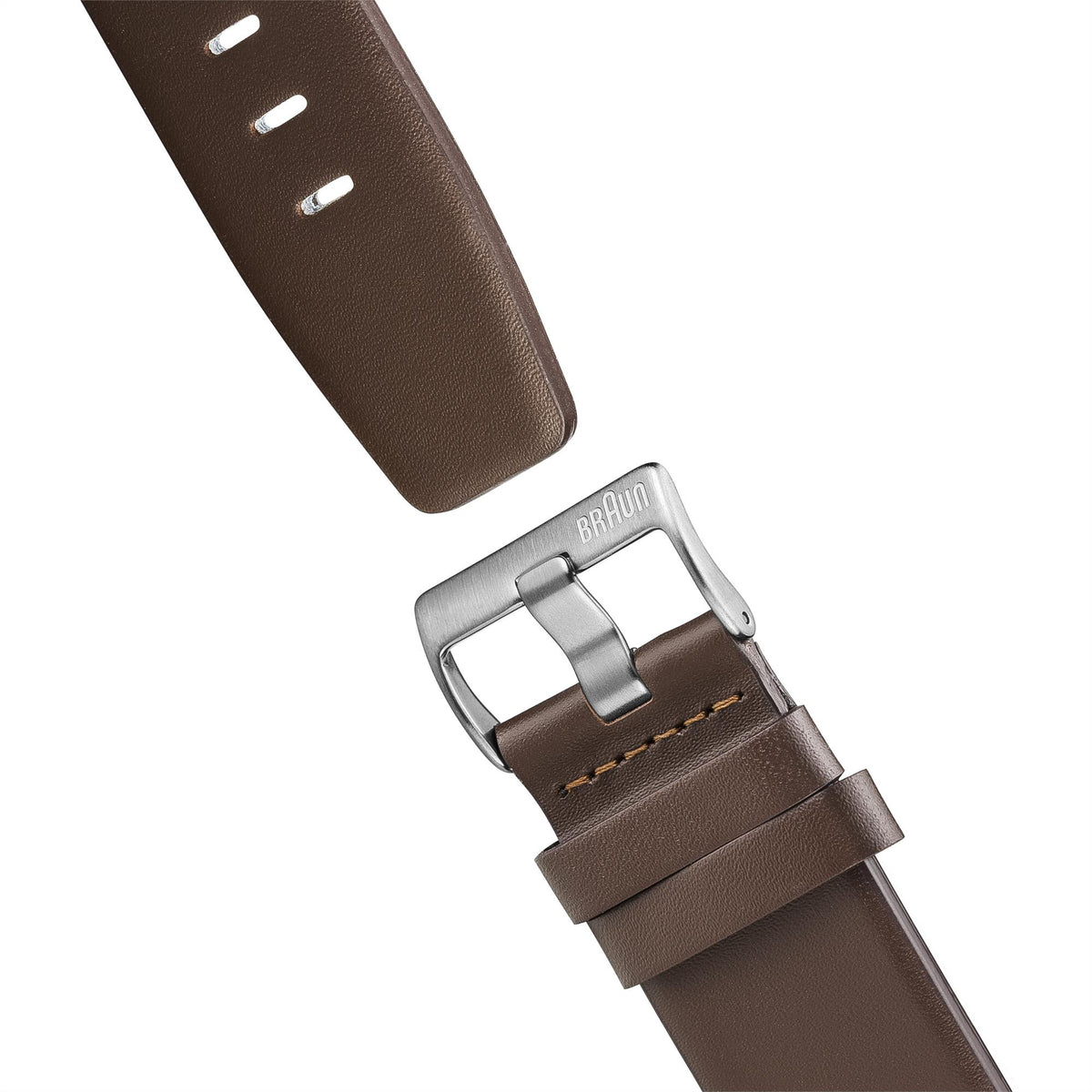 Braun Classic Quartz watch with metal buckle on brown leather strap, stitched design