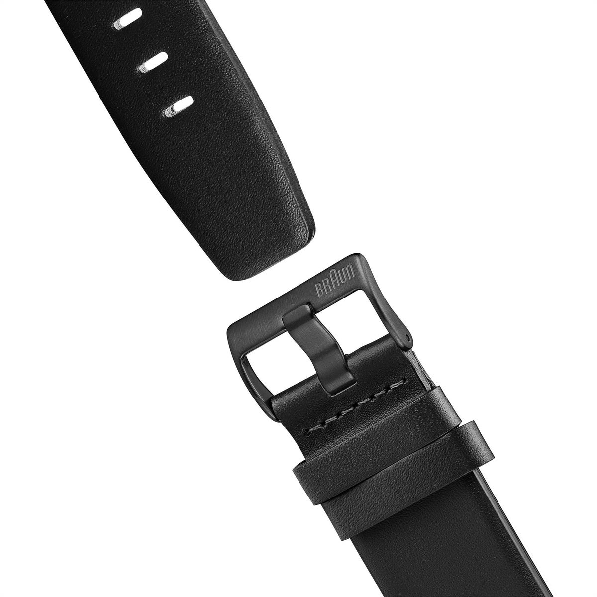 Black leather watch strap with buckle and stitched holes, underside view