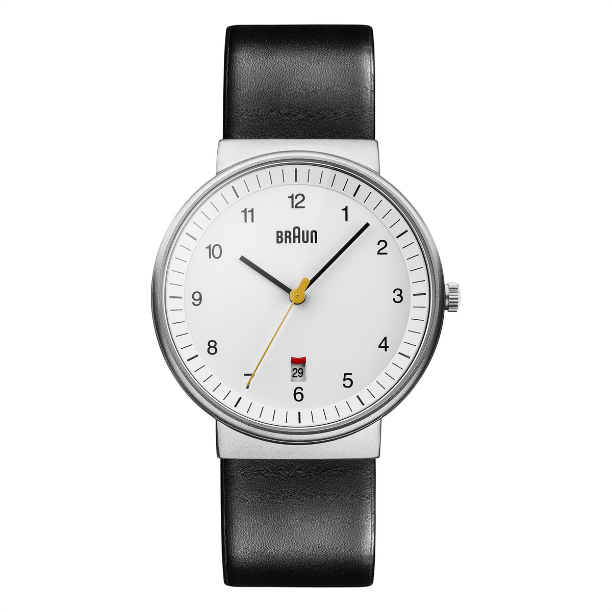 Men's quartz watch with white dial and black leather strap, silver case, date window