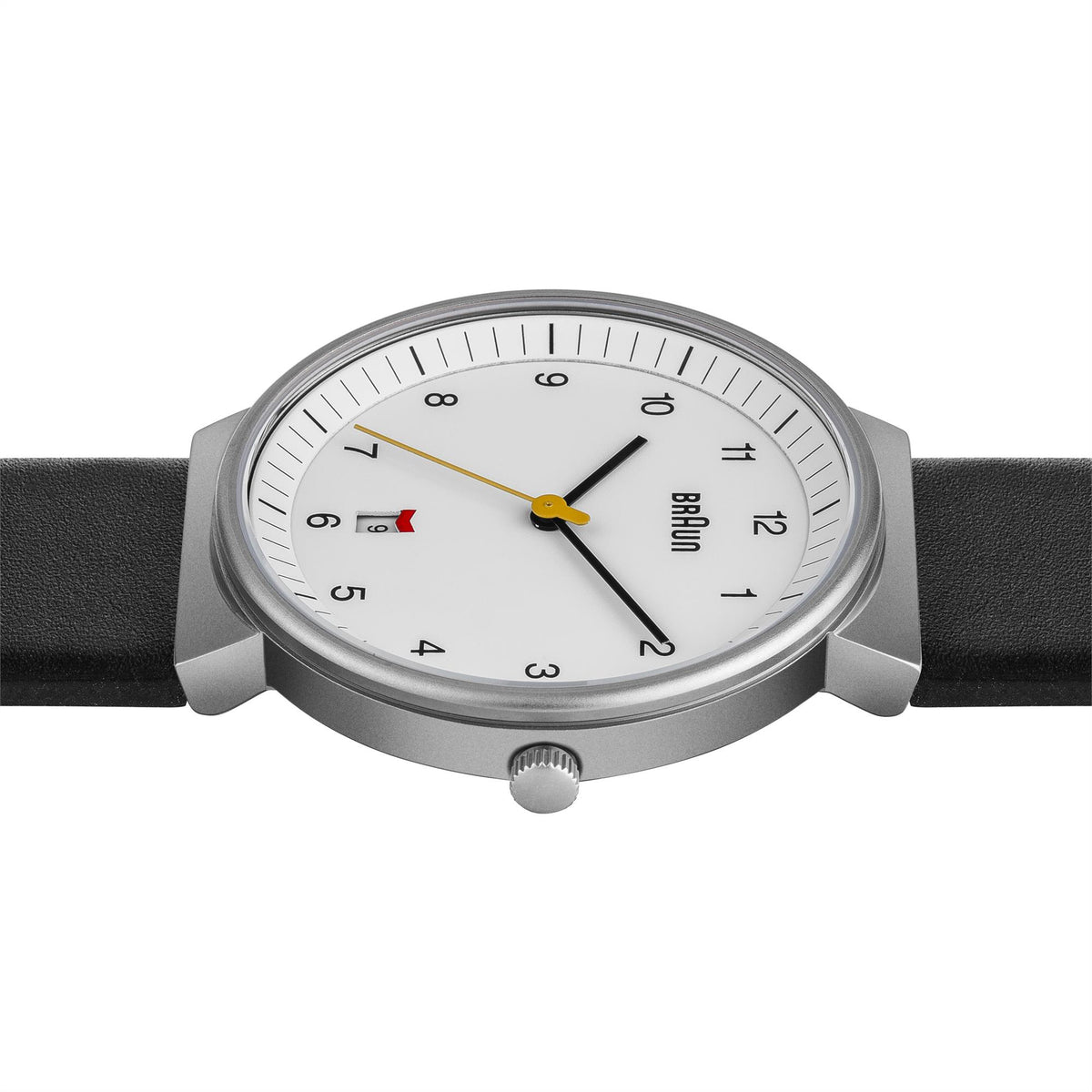 Men's quartz watch angled view: white dial, silver case, black leather strap