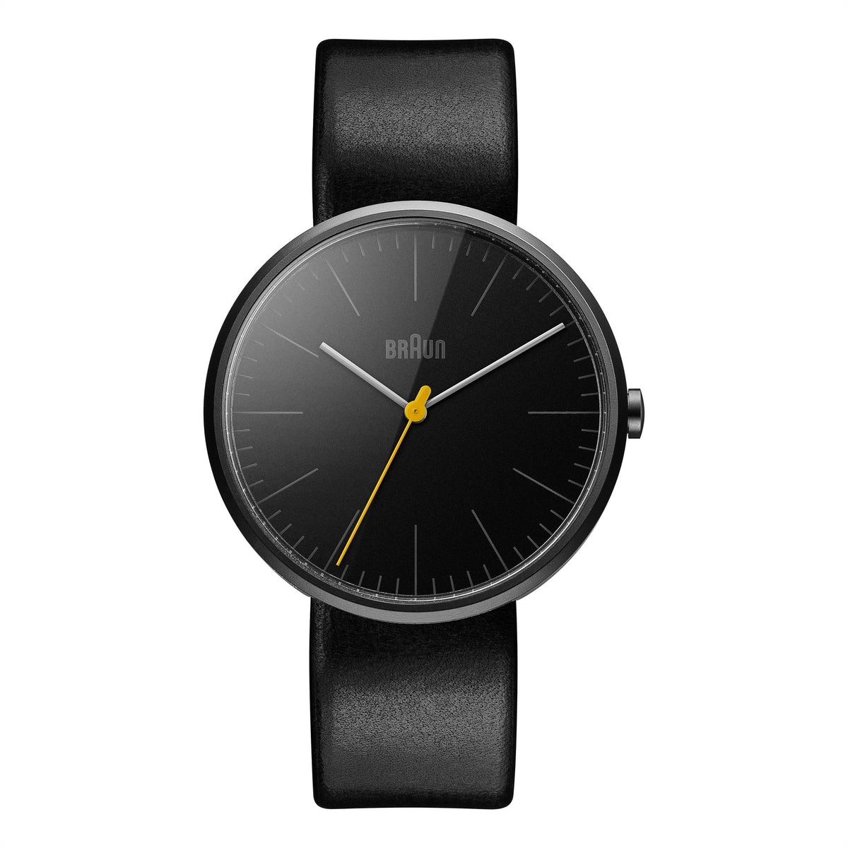 Men's wrist watch with black leather strap and black dial, round case, yellow second hand