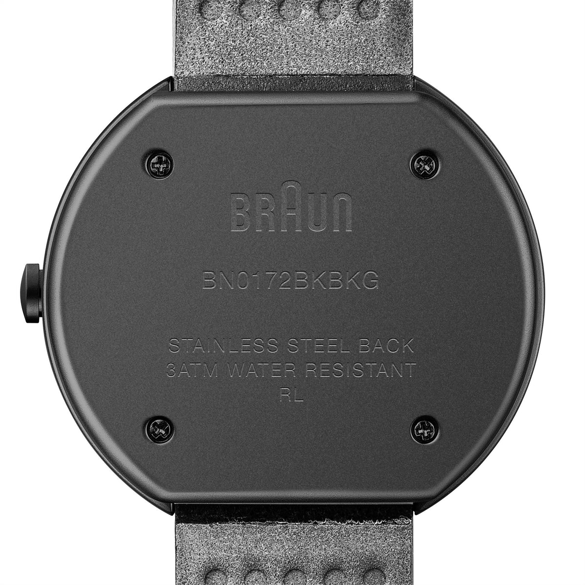 Watch case back with BRAUN, model BN0172BKBKG, stainless steel back, water resistant
