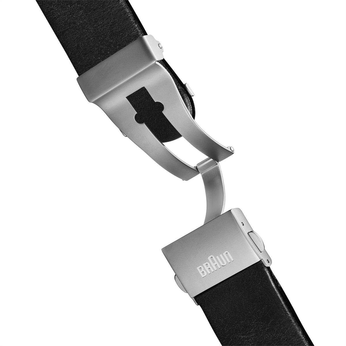 Braun black leather watch strap with silver buckle and clasp