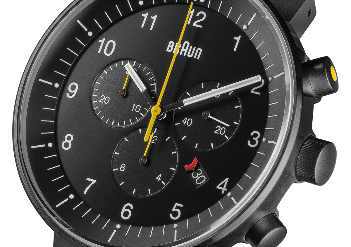 Men's black dial quartz chronograph watch with black leather strap and three subdials