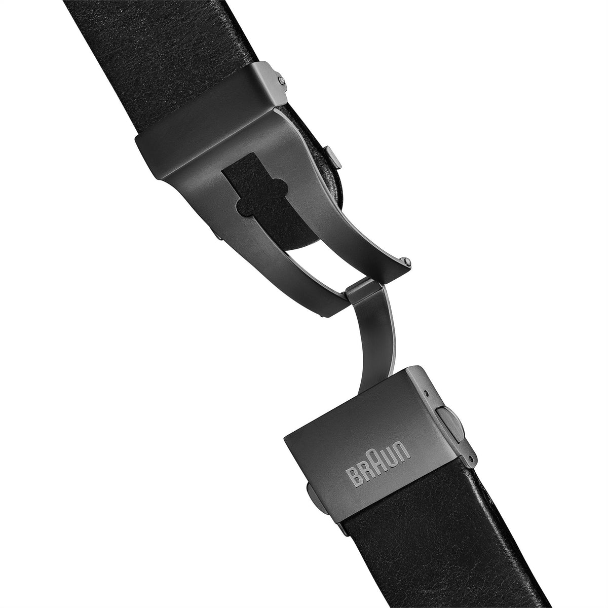Black leather watch strap with buckle and Braun logo detail, secured with clasp