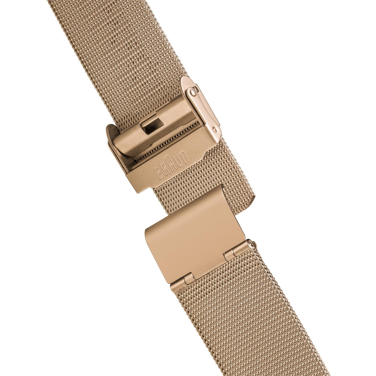 Gold-tone ladies mesh watch strap with clasp and clasp pin detail