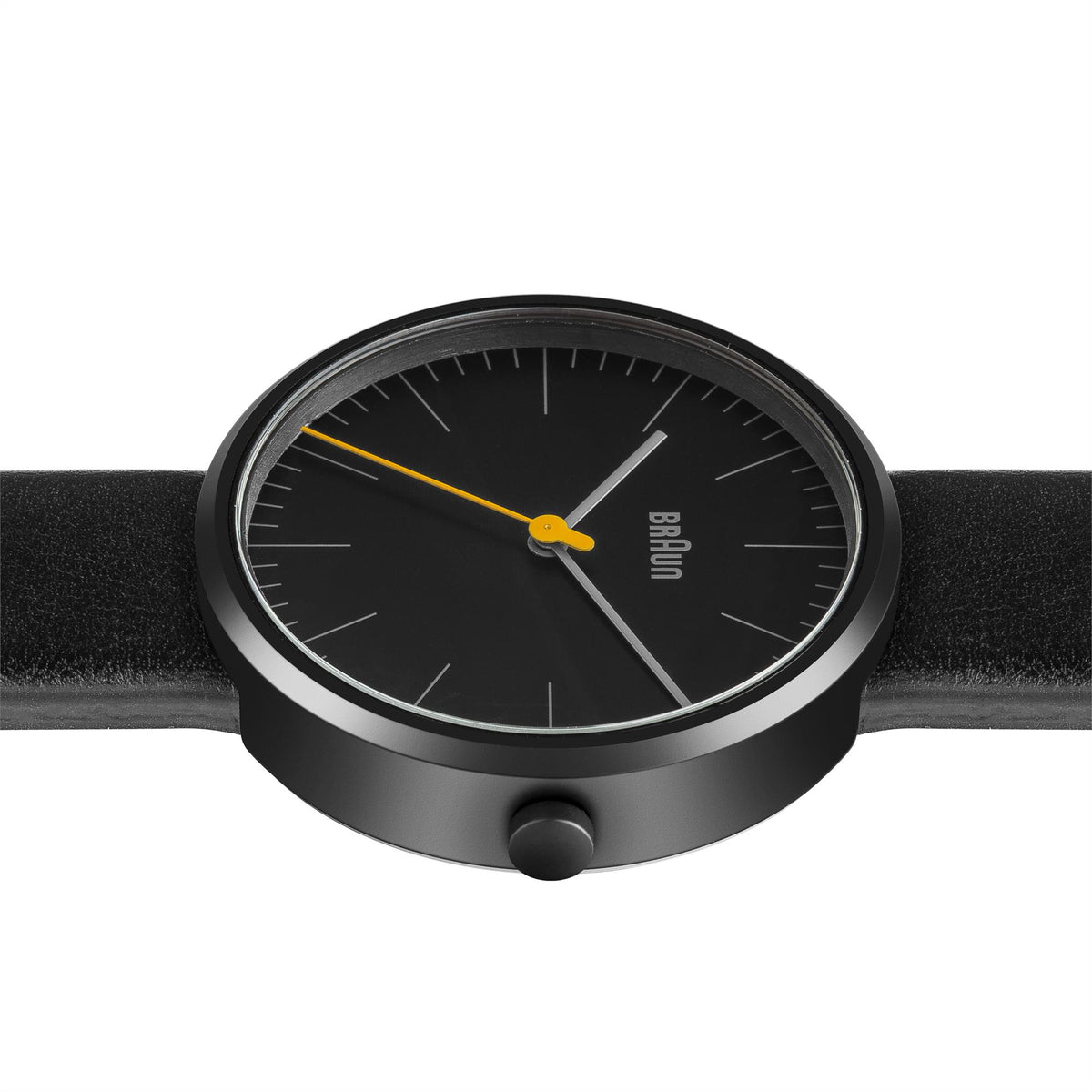 Braun quartz watch with black dial and black leather strap, round case with crown
