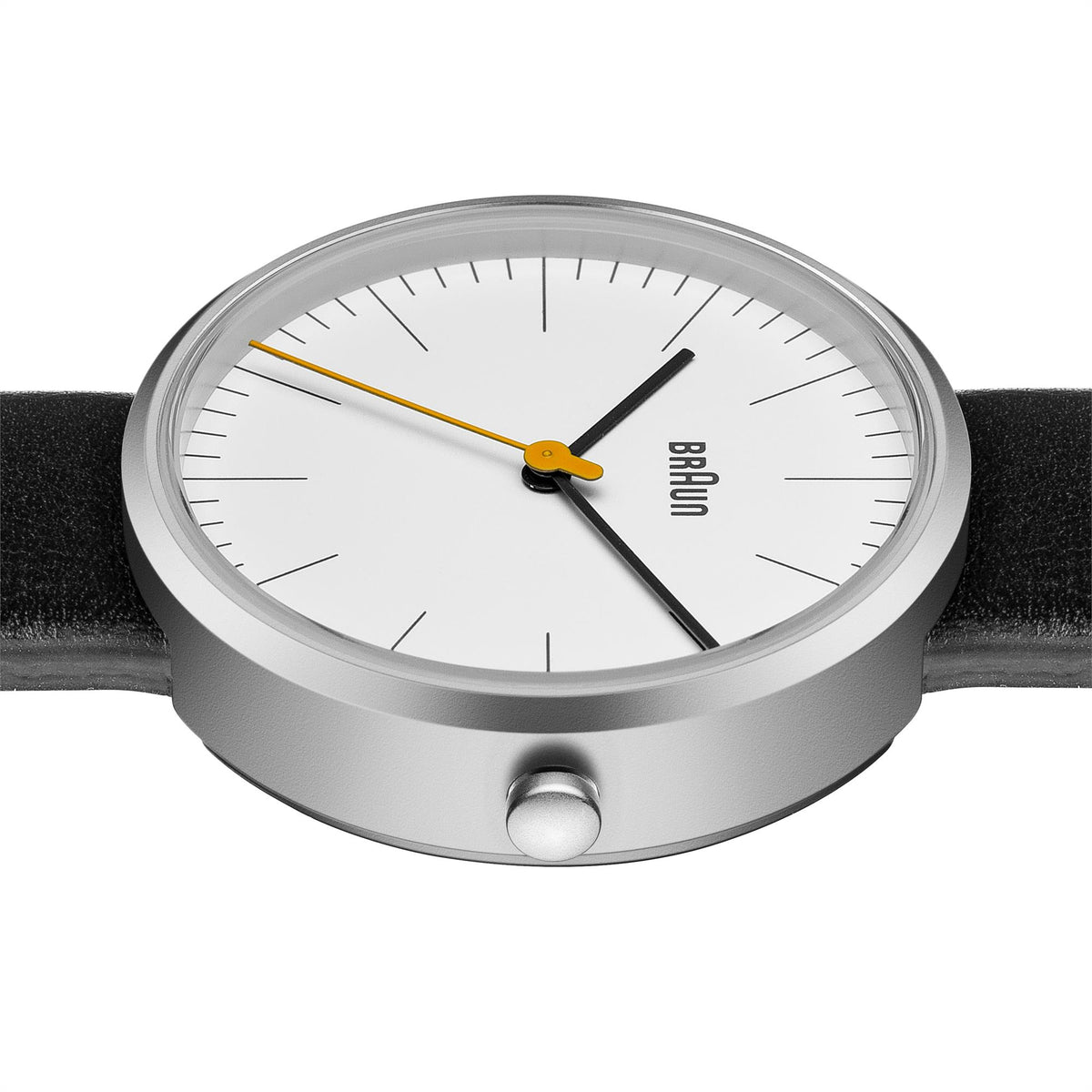 Ladies quartz watch with white dial, black hands, silver case and crown on side