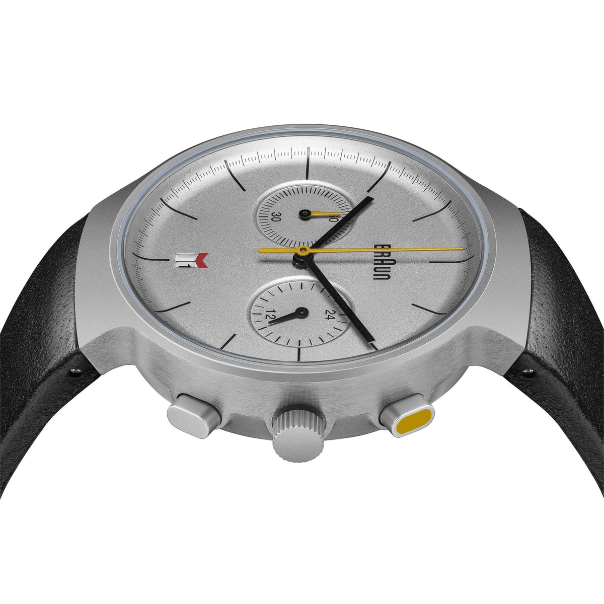 Men’s analog watch face, silver dial with three subdials and yellow seconds hand