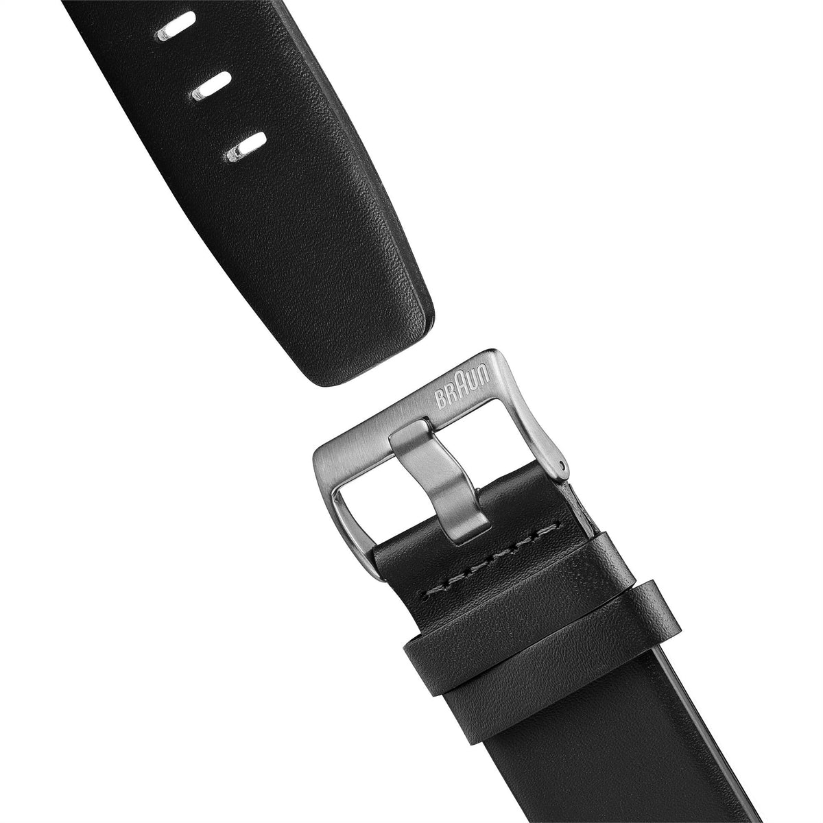 Black leather watch strap with metal buckle and stitched detail
