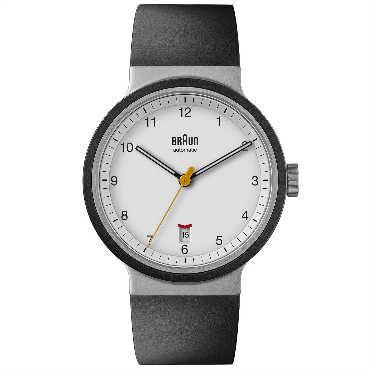 Braun Prestige automatic men’s watch with white dial and black rubber strap
