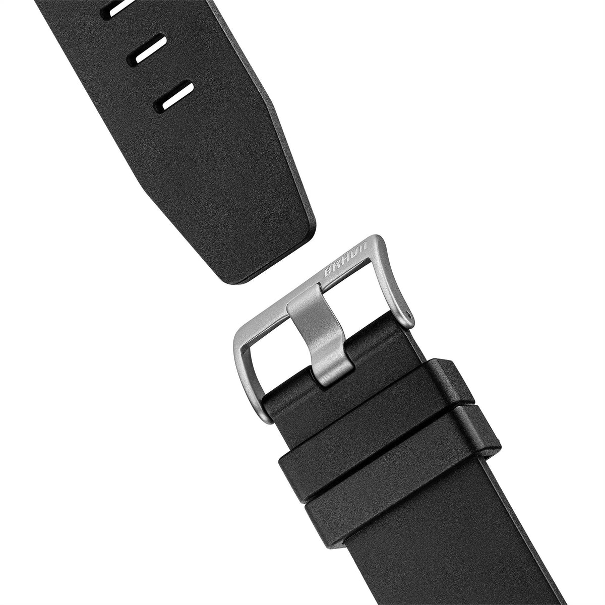 Braun watch strap in black rubber with metal buckle and adjustment holes