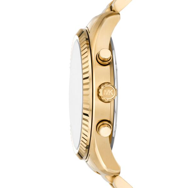 Michael Kors Lexington MK9153 side profile view featuring the gold-tone case, fluted bezel, chronograph pushers, and logo-engraved crown