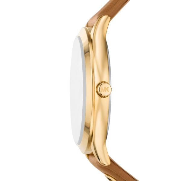 Women's gold-tone wristwatch side view with brown leather strap