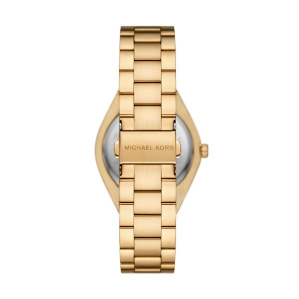 Gold-tone stainless steel women’s watch with bracelet and engraved clasp detail.
