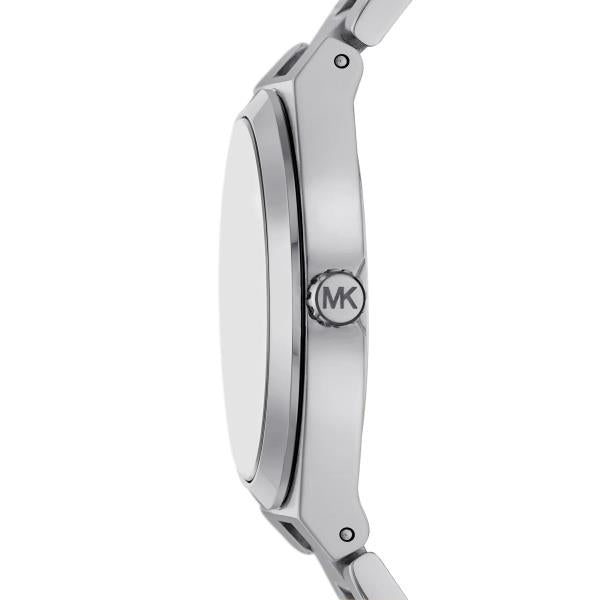Stainless steel watch case side with crown, plus link bracelet band, silver finish
