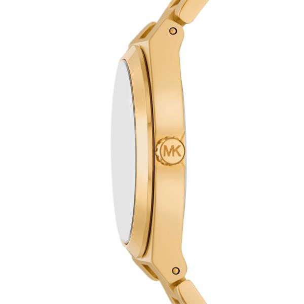 Gold-tone watch case side with crown and matching link bracelet