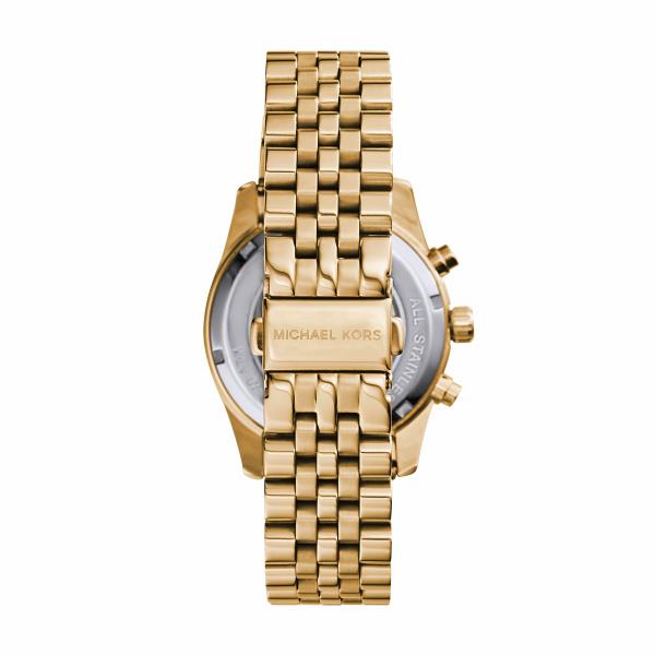 Gold-tone chronograph watch with gold dial, three-quarter view of bezel and lugs