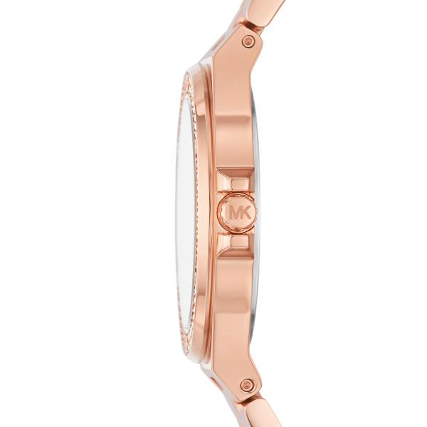 Rose gold mini wristwatch with pearlescent dial, steel bracelet, side crown