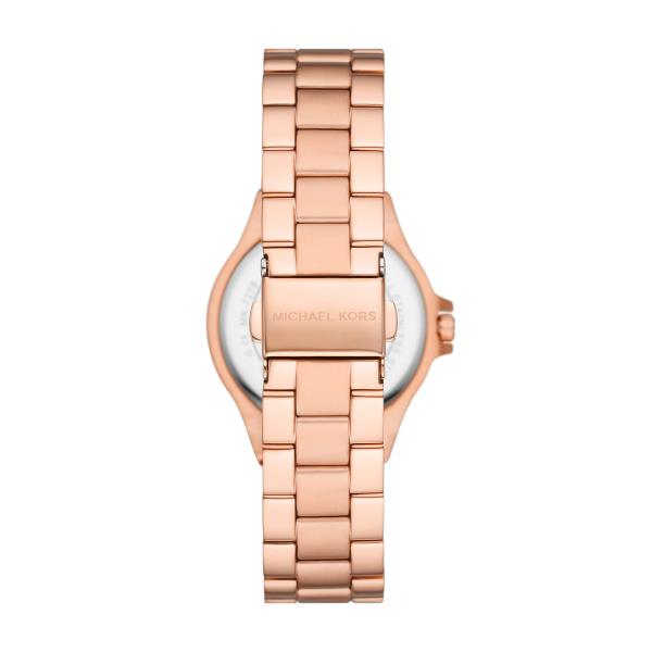 Rose gold mini wristwatch with round pearlescent dial and steel link bracelet, MK logo