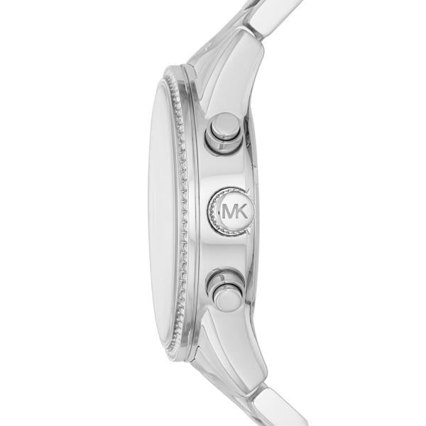 Stainless steel watch case side view with jeweled bezel detail and crown buttons