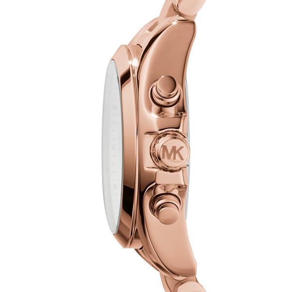 Rose gold chronograph watch with steel strap, side view of MK logo case