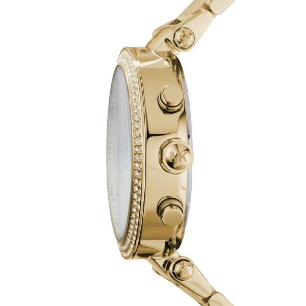 Gold-tone chronograph watch case with diamond bezel trim and side crowns