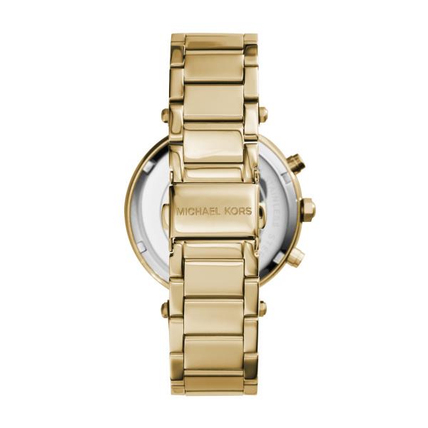 Gold-tone chronograph watch back with bracelet and 'MICHAEL KORS' branding
