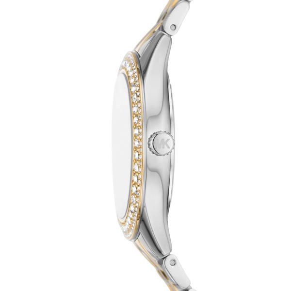 Two-tone stainless steel watch with diamond-studded bezel and round silver dial
