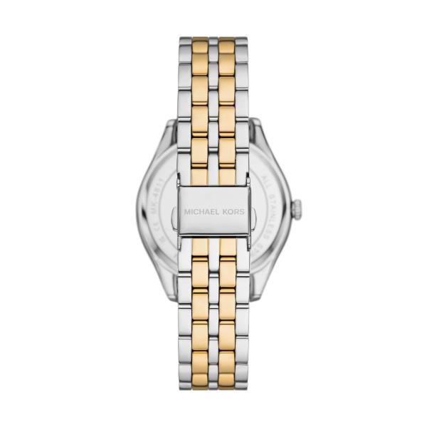 Two-tone stainless steel wristwatch with gold-and-silver link bracelet and silver dial