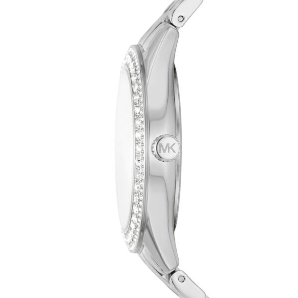 Silver-tone stainless steel watch case with crystal detail along bezel, side view.