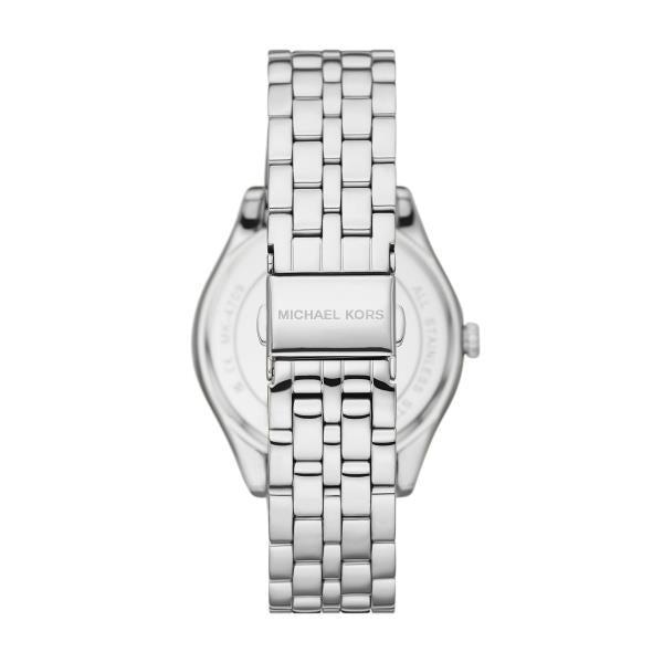 Silver metal bracelet watch with white dial and Michael Kors logo, front view.