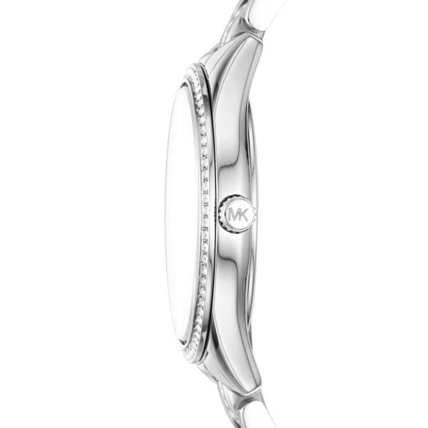 Stainless steel wristwatch side view with crystal-set bezel on metal bracelet