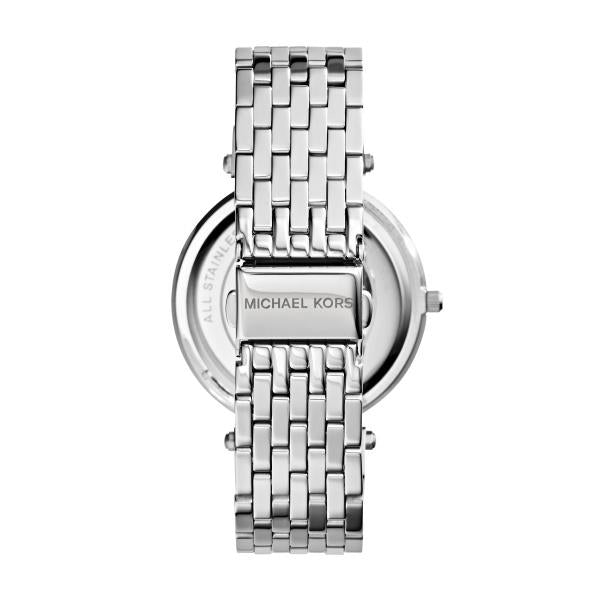 Silver dial ladies watch with metal link bracelet and crown, front view
