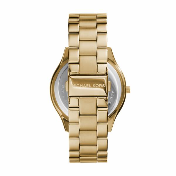 Michael Kors Slim Runway MK3179 rear view displaying the stainless steel case back and gold-tone link bracelet with branded clasp