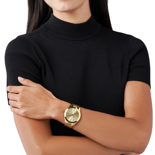 Michael Kors Slim Runway MK3179 ladies quartz watch model shot view showing the timepiece on a wrist