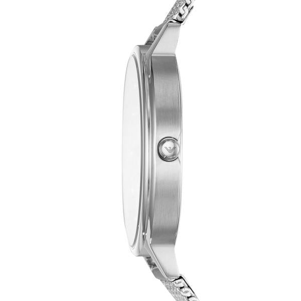 Round steel quartz watch case with crown detail and mesh link bracelet