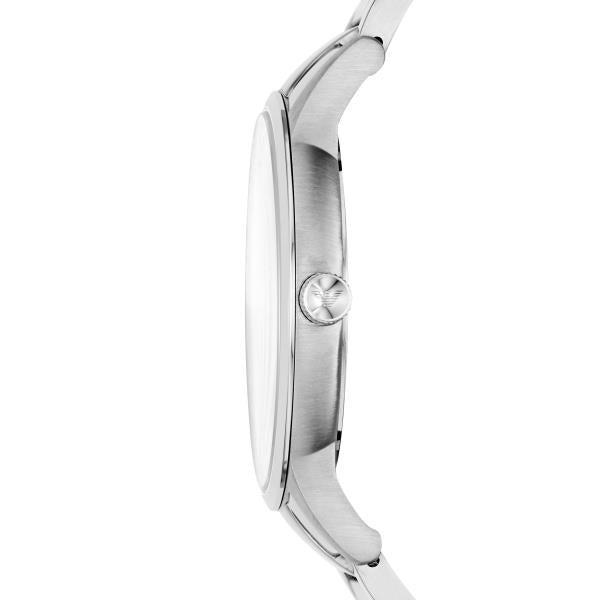 Steel quartz watch case side profile with polished finish and crown