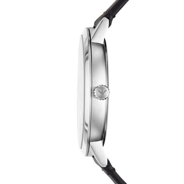 Side profile view of the Emporio Armani Ruggero AR11193 watch case showing the slim profile and branded crown