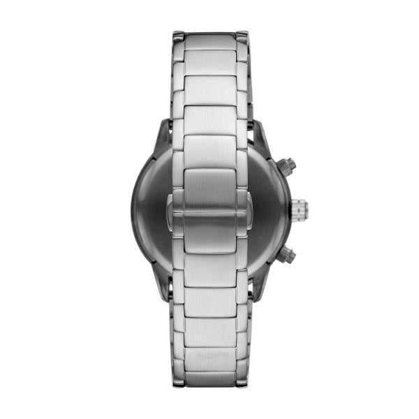 Rear view of the Emporio Armani Mario AR11241 watch showing the stainless steel link bracelet and folding clasp