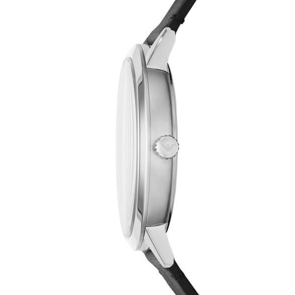 Mens quartz watch side profile with black leather strap and crown at 3 o'clock