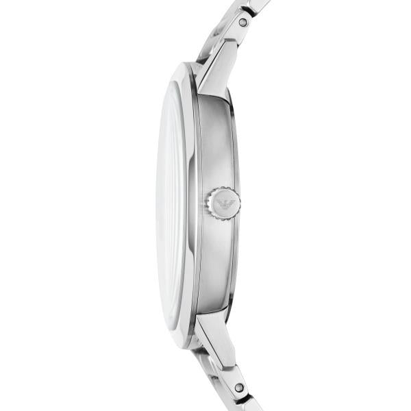 Side profile view of the Emporio Armani Ruggero AR11310 steel watch case highlighting the branded winding crown