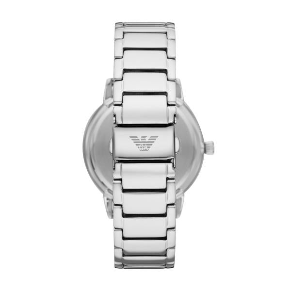 Back view of the Emporio Armani Ruggero AR11311 timepiece displaying the stainless steel bracelet and engraved deployment buckle